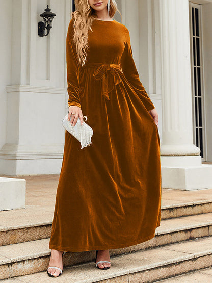 Long Sleeves Wrap Belted Pleated Solid Color Zipper Round-Neck Maxi Dresses