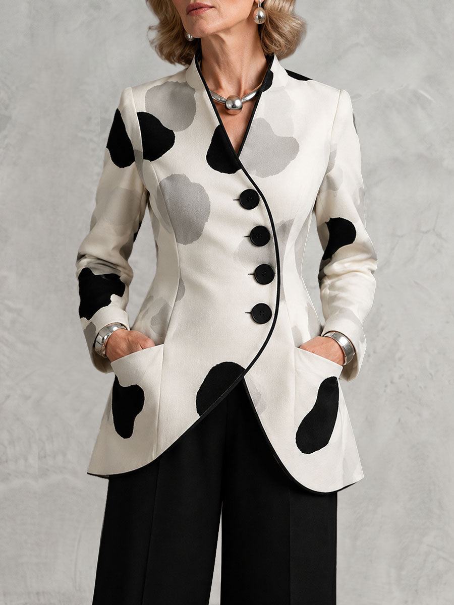 Printed Pockets Contrast Color Buttoned Long Sleeves Stand Collar Outerwear
