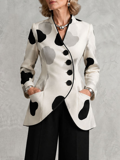Printed Pockets Contrast Color Buttoned Long Sleeves Stand Collar Outerwear