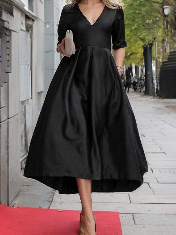 A-Line Long Sleeves Pleated Pockets Solid Color Zipper V-Neck Midi Dresses BLACK