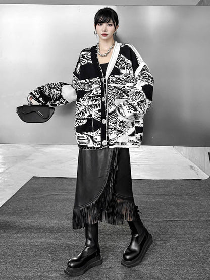 Long Sleeves Loose Abstract Printed Buttoned Contrast Color Pockets Split-Joint Collarless Cardigan Tops Outerwear
