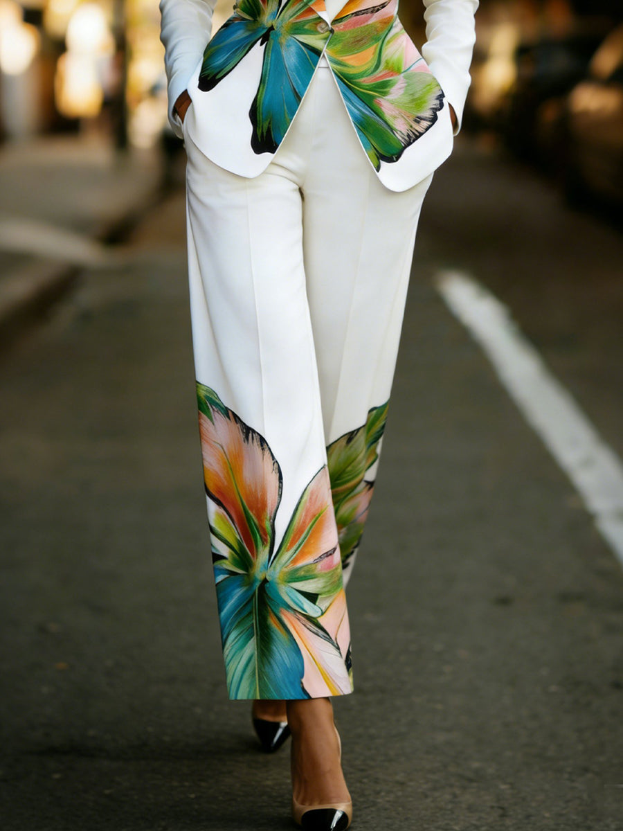 Pockets Flower Print High Waisted Trousers Pants