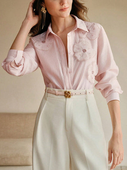 Long Sleeves Applique Split-Joint Lapel Blouses&Shirts Tops