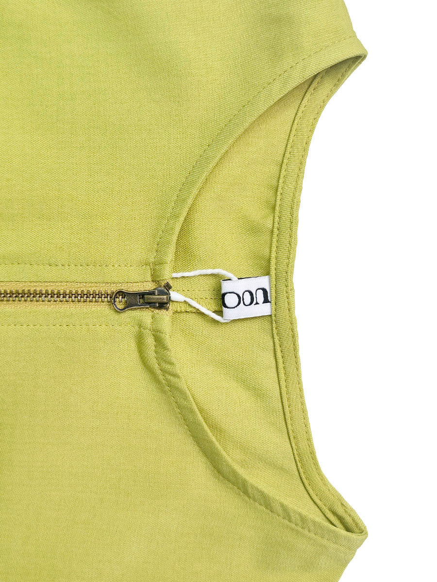 Zipper Solid Color Pockets Pleated Sleeveless A-Line Round-Neck Mini Dresses