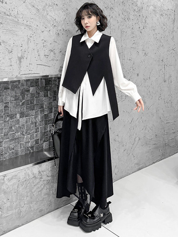 Irregularity Long Sleeves Buttoned Solid Color Split-Joint Streamer Lapel Collar Blouses&Shirts Tops