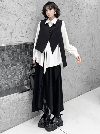 Irregularity Long Sleeves Buttoned Solid Color Split-Joint Streamer Lapel Collar Blouses&Shirts Tops