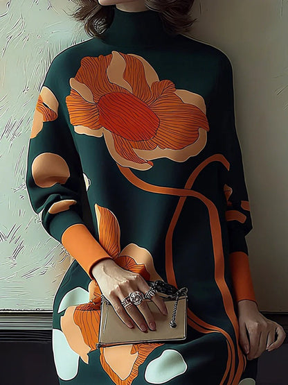 Long Sleeves Flower Print High Neck Midi Dresses