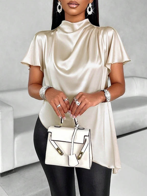 Chemisiers et chemises amples à manches courtes, asymétriques et de couleur unie, à col montant 