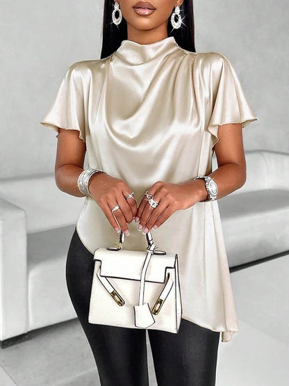 Chemisiers et chemises amples à manches courtes, asymétriques et de couleur unie, à col montant 