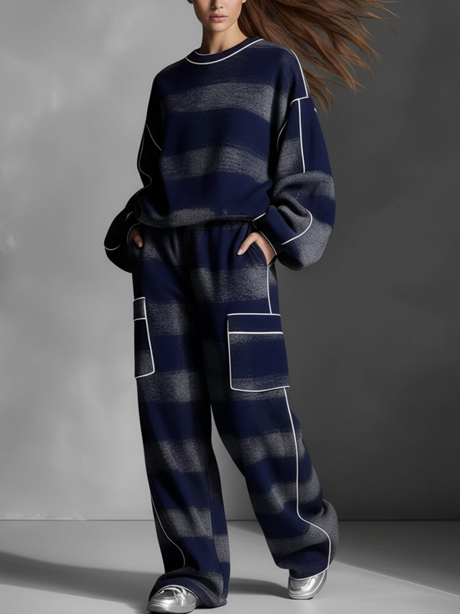 Loose Wide Leg Contrast Color Line Split-Joint Striped Pants