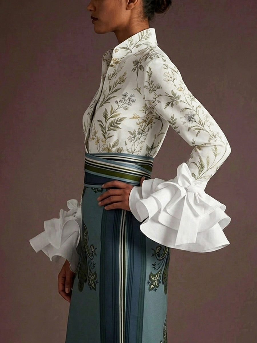 Long Sleeves Ruffle Sleeves Buttoned Flower Print Lapel Blouses&Shirts Tops