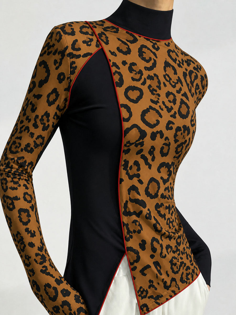 Split-front Split-Joint Leopard Contrast Color Skinny Long Sleeves Mock Neck T-Shirts Tops