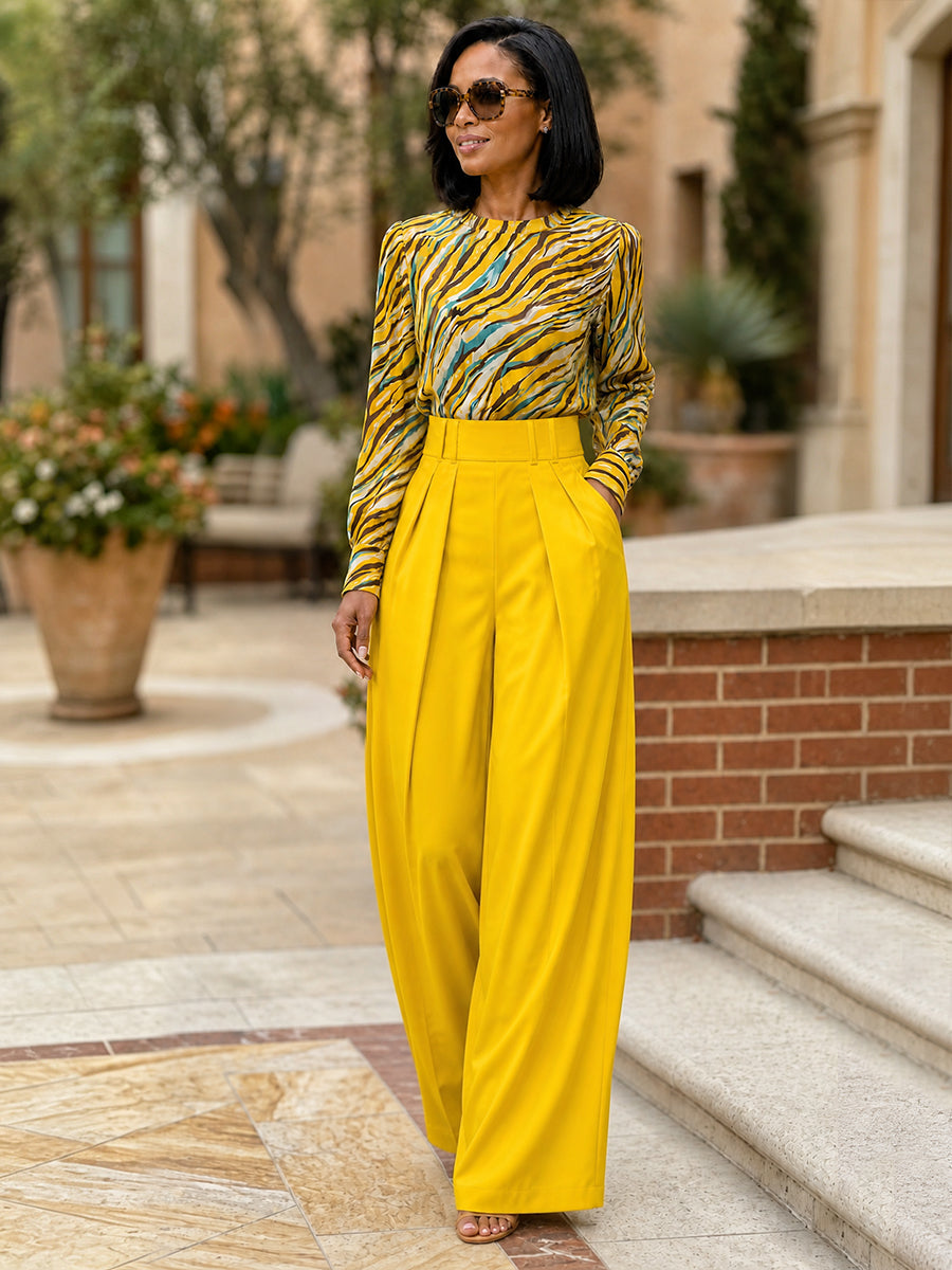 Solid Color Pockets Pleated No Belt Wide Leg Loose Trousers Pants（No belt）