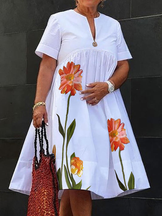 A-Line High Waisted Flower Print Pleated V-Neck Midi Dresses