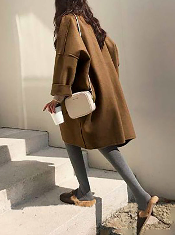 Long Sleeves Loose Buttoned Pockets Solid Color Split-Joint Notched Collar Woolen Coat