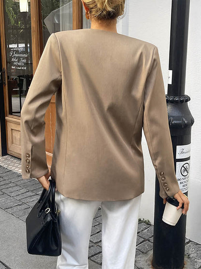 Long Sleeves Loose Buttoned Solid Color Split-Joint Collarless Blazer Outerwear