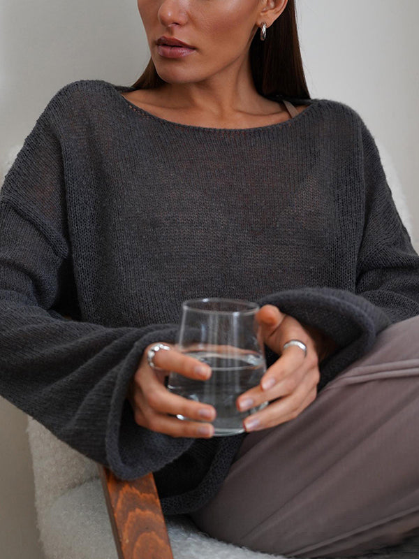 Long Sleeves Loose See-Through Solid Color Split-Joint Round-Neck Sweater Tops