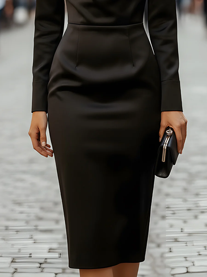 High Waisted Long Sleeves Solid Color Heaps Collar Midi Dresses