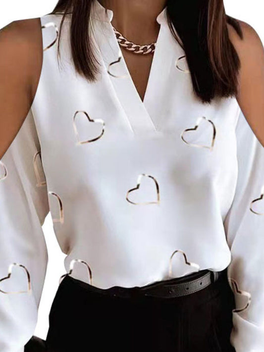Chemisiers et chemises amples à manches longues et col en V ajouré, imprimés cœurs originaux 