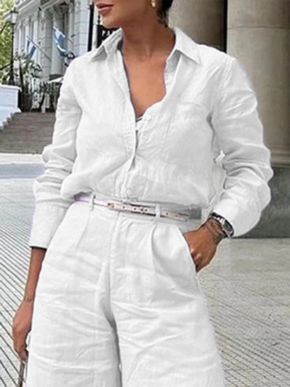 Long Sleeves Loose Solid Color Split-Joint Lapel Blouses&Shirts Tops WHITE