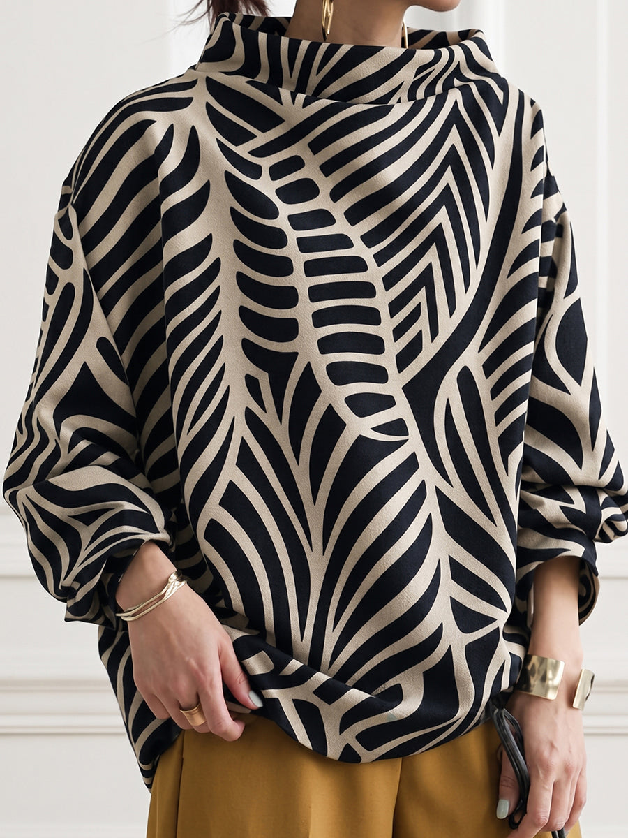 Printed Contrast Color Loose Long Sleeves High-neck Sweatshirt Tops