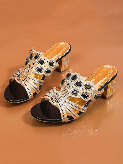 Square Heel Open Toe Rhinestone Pumps