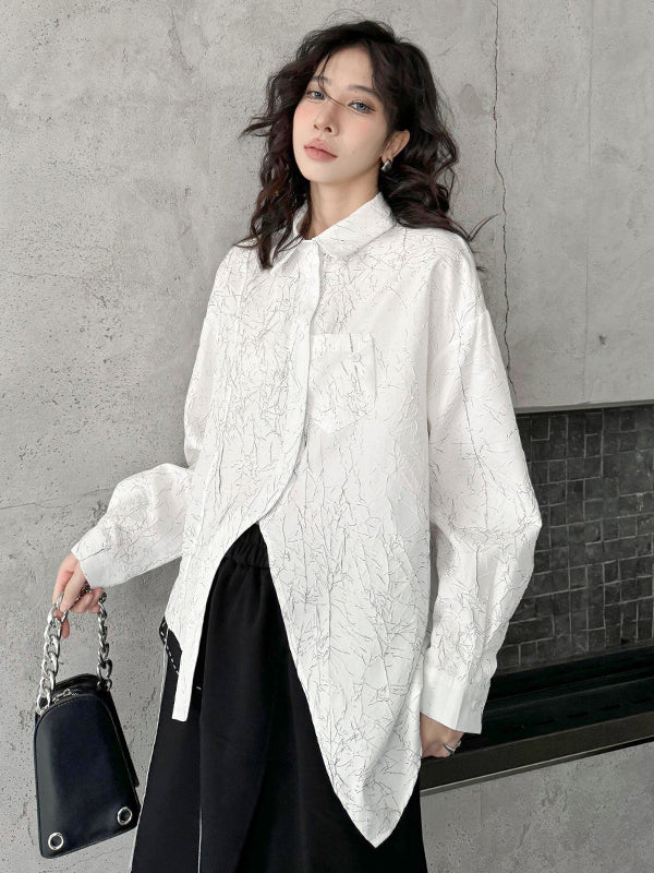 Irregularity Long Sleeves Abstract Printed Asymmetric Buttoned Wrinkled Lapel Blouses&Shirts Tops