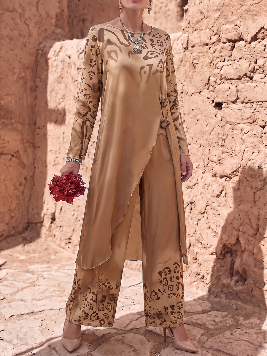 Contrast Color Leopard Printed Split-Joint Round-neck High-low Asymmetric Buttoned Blouses&shirts Tops + High Waisted Pants Trousers Two Pieces Set