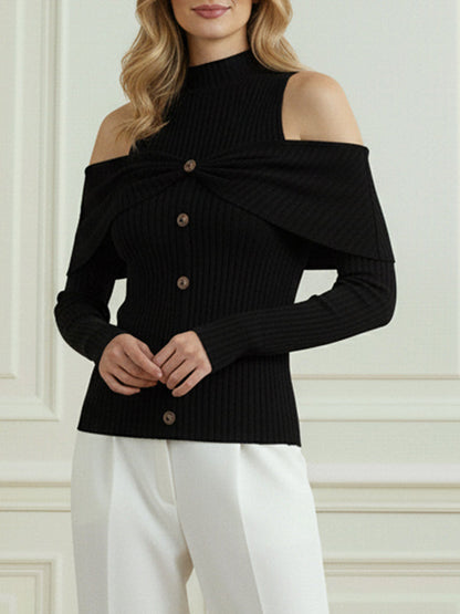 Long Sleeves Skinny Buttoned Pleated Ribbed Knit Cold Shoulder Knit Top