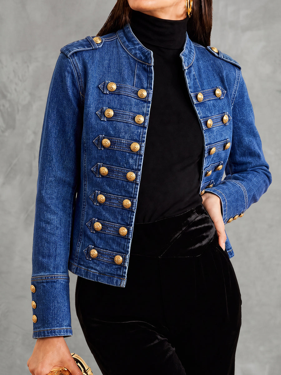 Split-Joint Solid Color Buttoned Long Sleeves Bloomers Mock Neck Outerwear