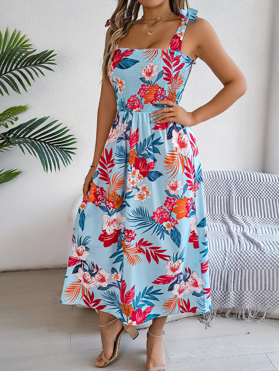 A-Line Loose Contrast Color Elasticity Flower Print Tied Spaghetti-Neck Midi Dresses