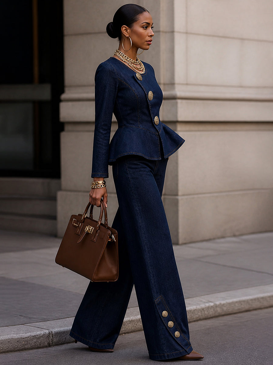 Split-Joint Pockets Buttoned Wide Leg Jean Pants Bottoms