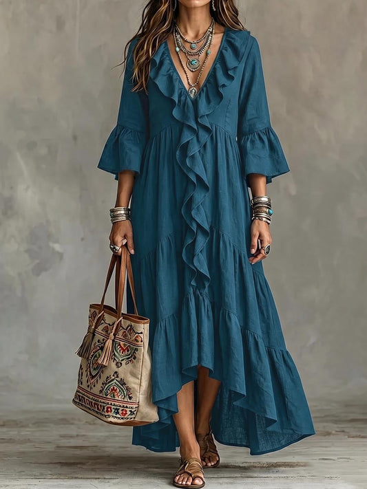 Split-Joint Solid Color Ruffled Pleated Loose Long Sleeves V-neck Maxi Dresses