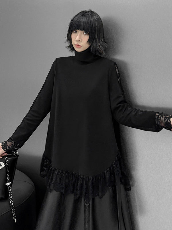 Hipster Long Sleeves See-Through Split-Joint High Neck T-Shirts Tops