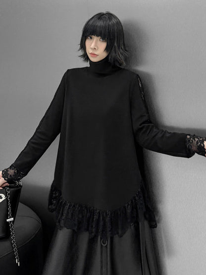 Hipster Long Sleeves See-Through Split-Joint High Neck T-Shirts Tops