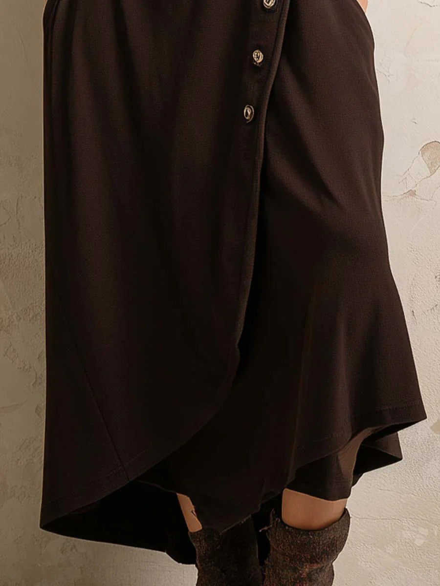 Solid Color Pockets Buttoned Asymmetric Long Sleeves Mock Neck Midi Dresses