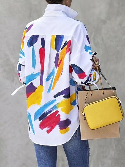 Long Sleeves Loose Buttoned Contrast Color Tied Lapel Blouses&Shirts Tops