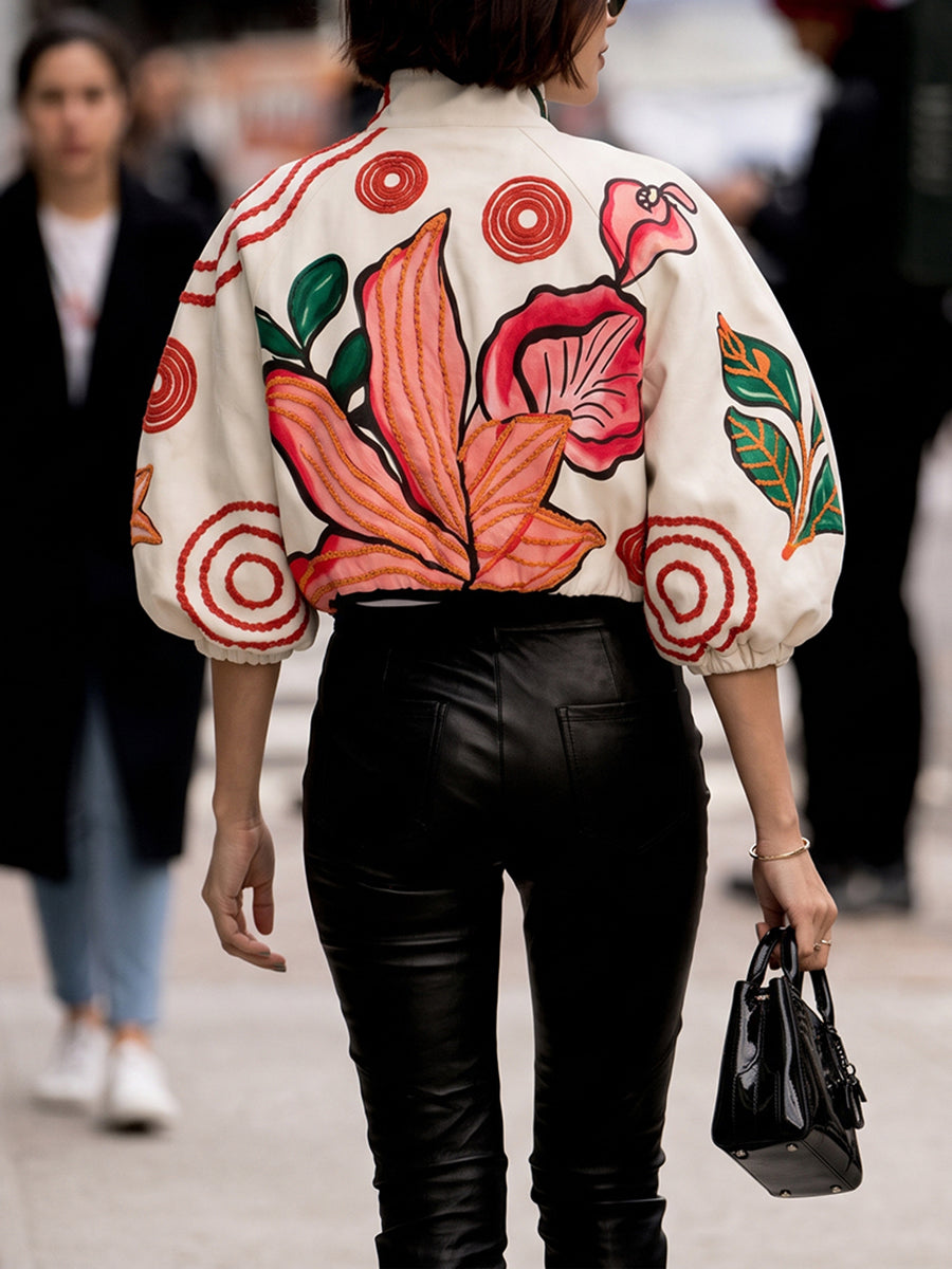 Zipper Leaves Print Flower Print Elasticity Contrast Color Three-quarter Sleeves Puff Sleeves Stand Collar Outerwear Jackets