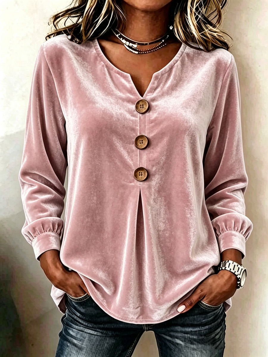 Velvet Solid Color Pleated Buttoned Loose Long Sleeves V-neck T-Shirts Tops