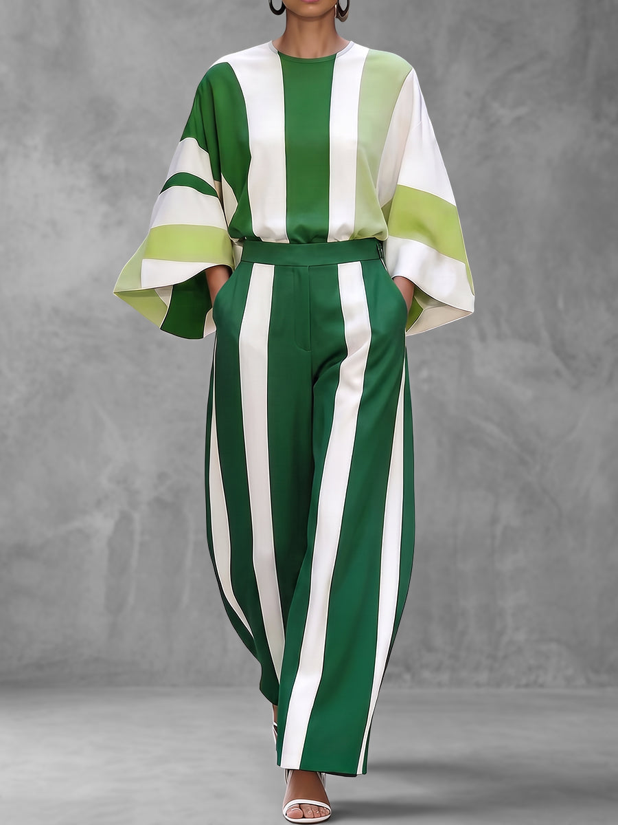 Striped Contrast Color Loose Long Sleeves Round-neck Blouses&shirts Tops