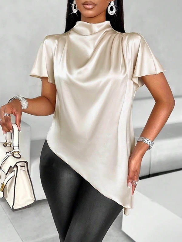 Chemisiers et chemises amples à manches courtes, asymétriques et de couleur unie, à col montant 