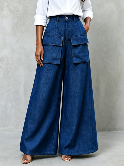 Zipper Solid Color Pockets Buttoned Wide Leg High Waisted Trousers Pants