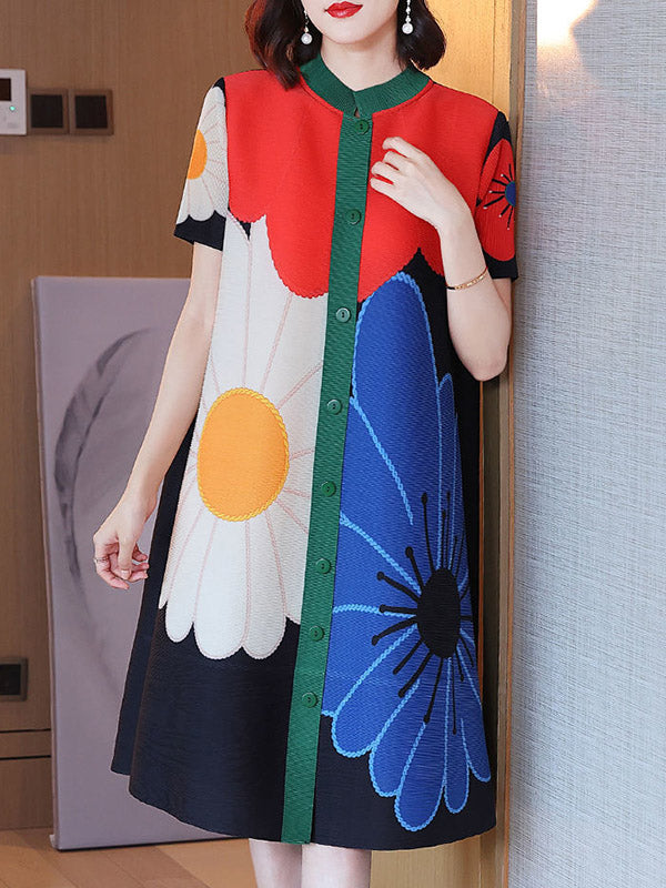 A-Linie Locker geknöpft Blumendruck Plissee Rundhals Midikleider 