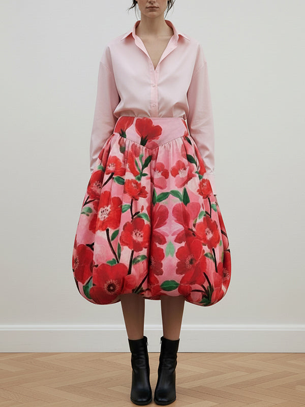 A-Line Loose Contrast Color Flower Print Skirts Bottoms
