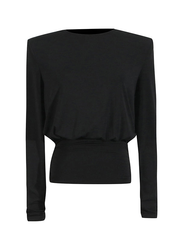 Long Sleeves Backless Shoulder Pad Solid Color Round-Neck Blouses&Shirts Tops