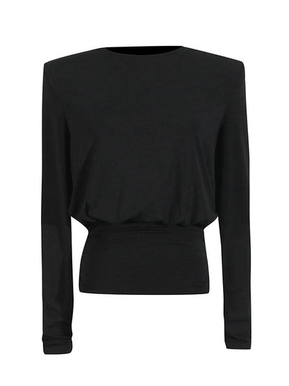 Long Sleeves Backless Shoulder Pad Solid Color Round-Neck Blouses&Shirts Tops
