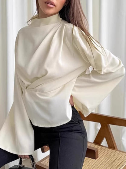 Flared Sleeves Long Sleeves Pleated Solid Color Zipper Stand Collar Blouses&Shirts Tops