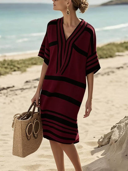 Half Sleeves Loose Contrast Color Split-Joint V-Neck Midi Dresses