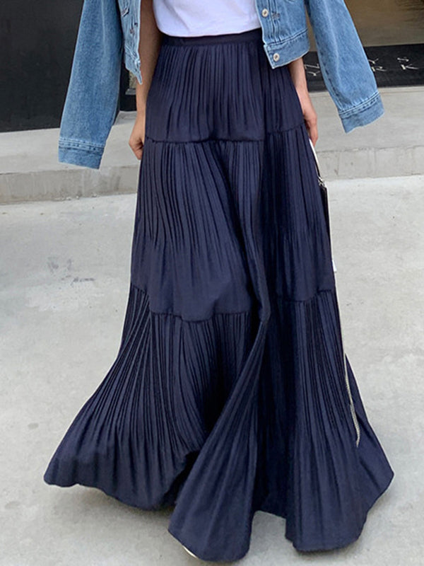 A-Line High Waisted Pleated Solid Color Split-Joint Skirts Bottoms NAVY BLUE One_size