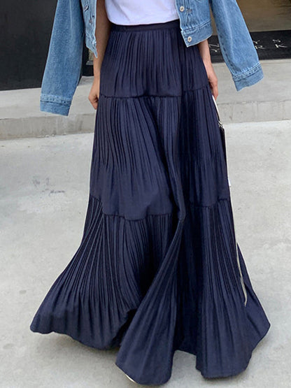 A-Line High Waisted Pleated Solid Color Split-Joint Skirts Bottoms NAVY BLUE One_size